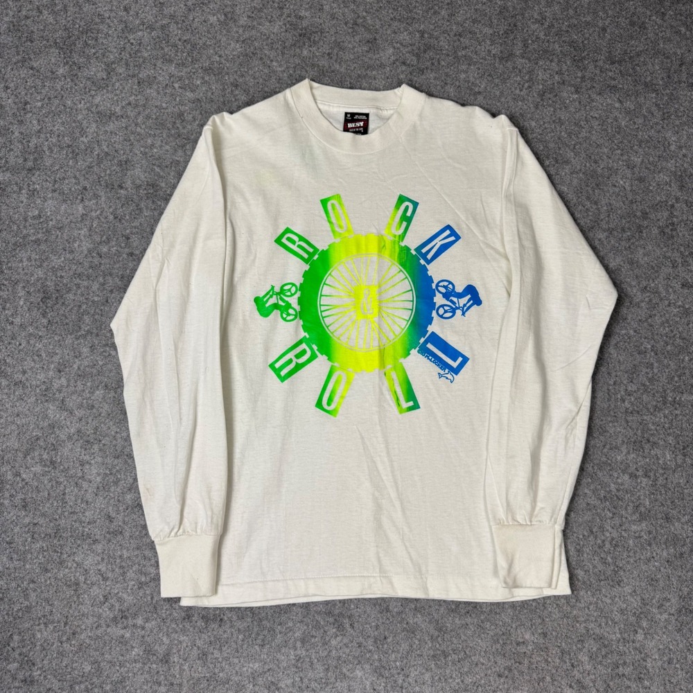 Vintage Fruit of the Loom Best Rock Roll Bicycle T-Shirt White Neon Mens Medium‎